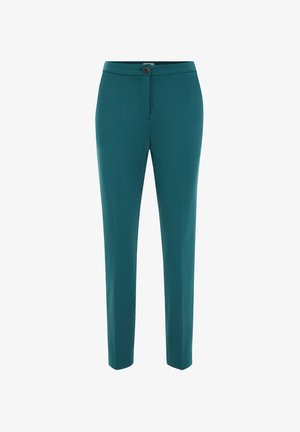 Teal bukser med en skræddersyet pasform, der har lynlås og knaplukning, glat tekstur og straight ben-design.