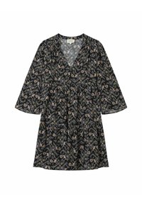 Robe noire avec un motif floral dans des teintes de beige, vert et bleu. Décolleté en V, manches courtes et taille froncée.