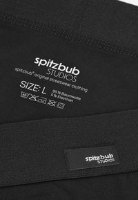 Black fabric with a smooth texture, featuring a label reading "spitzbub STUDIOS" and care instructions. Size: L, 95% cotton, 5% elastane.
