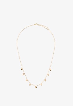 Delikatny złoty naszyjnik z łańcuszkiem, z naprzemiennie rozmieszczonymi małymi, pełnymi i teksturowanymi zawieszkami w kształcie serca, równomiernie rozmieszczonymi na całej długości.