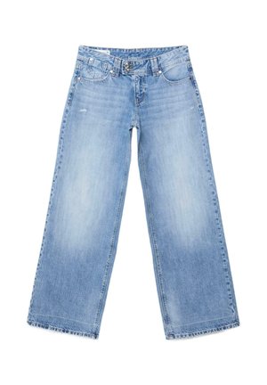 Lyseblå højtaljede vidde-jeans med knap- og lynlåslukning, forlommer og møntlomme samt diskrete falmede detaljer.