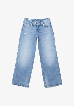 Lyseblå højtaljede vidde-jeans med knap- og lynlåslukning, forlommer og møntlomme samt diskrete falmede detaljer.