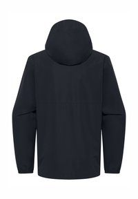 Vandafvisende sort jakke med hætte, lange ærmer, elastiske manchetter og en simpel, glat overflade. Ingen synlig branding eller mønstre.