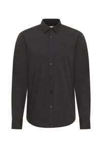 Zwarte langarmshirt met een knoopsluiting, voorzien van een klassieke kraag en een subtiele logo-omtrek op de linkerborst.