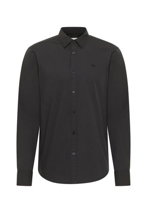 Melna krekla ar garām piedurknēm pogājama dizaina ar klasisku apkakli un smalku logotipa kontūru kreisajā krūtī.