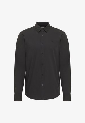 Melna krekla ar garām piedurknēm pogājama dizaina ar klasisku apkakli un smalku logotipa kontūru kreisajā krūtī.