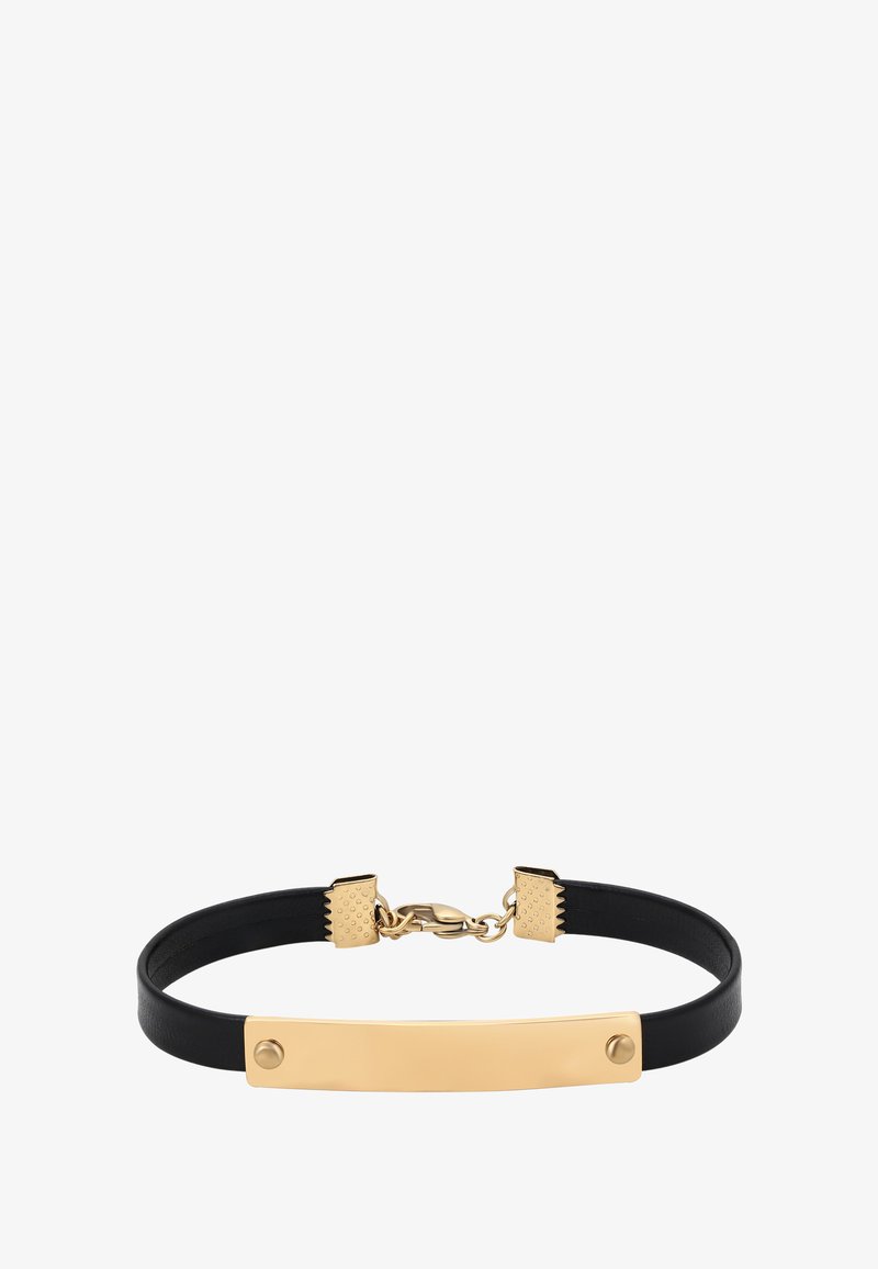 Schwarzes Lederchoker-Halsband mit einer glatten rechteckigen Goldmetallplatte und einem goldenen Verschluss.
