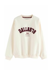 Kremowy sweter z dekoltem w szpic, z maroonowym napisem "DALLAS '78" oraz dodatkowym tekstem poniżej. Rękawy i dół zakończone ściągaczami. Miękki materiał.