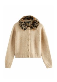 Beige cardigan with a leopard print faux fur collar, featuring a button-down front, ribbed hem, and soft texture.