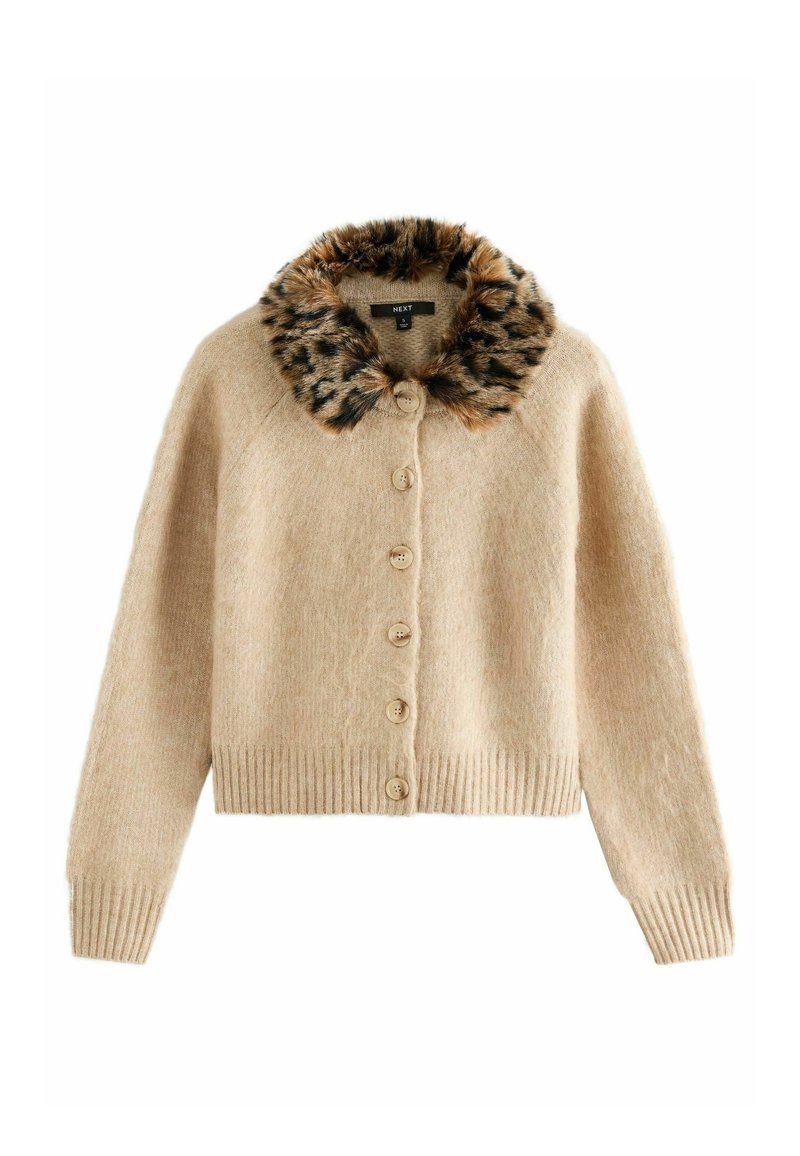 Beige Strickjacke mit einem Leopardenmuster aus Kunstfellkragen, mit Knopfleiste, geripptem Saum und weichem Material.