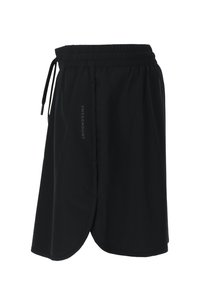 Zwarte sportshorts met een elastische tailleband, verstelbare trekkoord en zijslitsen. Bevat een verticale logo aan de linkerkant.