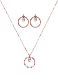 Set med roséguldssmycken som inkluderar ett cirkulärt hängehalsband och matchande hoopsmycken, var och en med en klar kristallaccent.