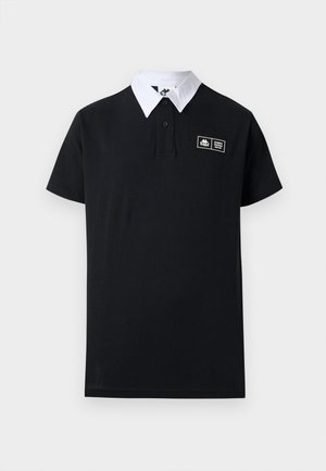 Black polo shirt with a white collar, short sleeves, and a small logo patch on the left chest. Made of breathable fabric.