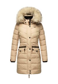 Beige puffer coat with a faux fur hood. Features horizontal and diagonal stitching, a front zipper, buttons, and two zippered pockets.