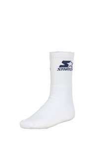 White cotton crew sock with ribbed texture and elastic cuff. Features a navy logo with the word "STARTER" and star design.