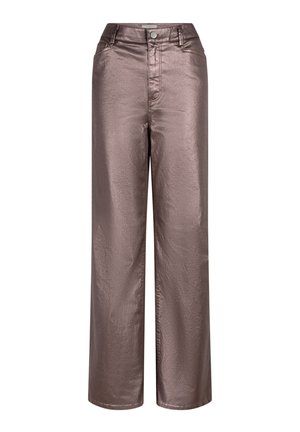 Metalen bronzen wijde broek met hoge taille, frontknopen en klassieke zakken; gladde textuur met een glanzende afwerking.