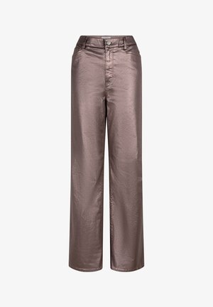 Metalen bronzen wijde broek met hoge taille, frontknopen en klassieke zakken; gladde textuur met een glanzende afwerking.