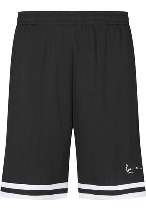 Sorte atletikshorts med elastisk linning, hvide og sorte striber nær kanten og et lille hvidt signaturlogo på det nederste højre ben.