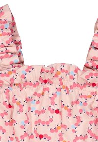 Světlé růžové látky s hravým vzorem housenky v odstínech růžové, modré a červené. Obsahuje volány na ramenních popruzích a elastický pas.