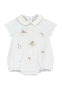 Romper bianco in cotone con colletto rotondo, maniche corte e gambe elasticizzate. Presenta ricami beige di uccelli e motivi floreali.
