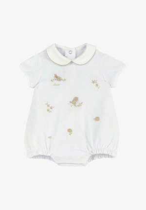 Mono blanco de algodón con cuello redondo, mangas cortas y piernas elásticas. Presenta pájaros bordados en beige y diseños florales.