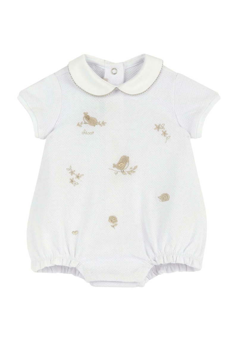 Romper bianco in cotone con colletto rotondo, maniche corte e gambe elasticizzate. Presenta ricami beige di uccelli e motivi floreali.