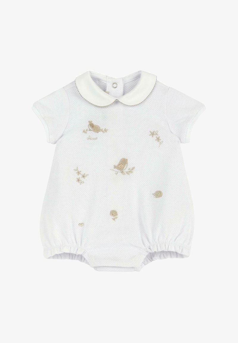 Romper bianco in cotone con colletto rotondo, maniche corte e gambe elasticizzate. Presenta ricami beige di uccelli e motivi floreali.