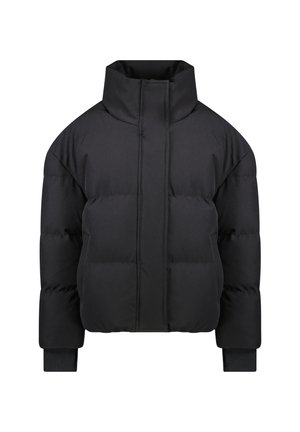 Schwarze Daunenjacke mit hohem Kragen, Reißverschluss vorne und gerippten Bündchen. Sie verfügt über eine gesteppte Textur und ein kompaktes Design für Wärme.