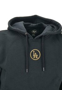 Felpa con cappuccio nera in misto cotone, con un logo circolare dorato con "LA" all'interno. Cordoncini regolabili e interno morbido.