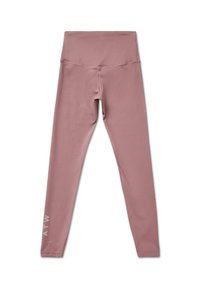 Roze leggings met een hoge tailleband, gemaakt van rekbaar materiaal, met een gladde textuur en een logo "ATW" in het wit op de onderste linkerkant van het been.