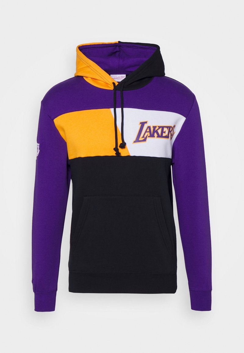Sweat à capuche avec des blocs de couleurs violet, jaune, noir et blanc, comportant le texte "Lakers" sur la poitrine et une poche kangourou à l'avant.
