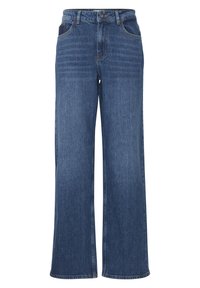 Jeans de mezclilla azul de pierna ancha con cintura alta, que cuentan con bolsillos frontales, trabillas para cinturón y sutiles variaciones de textura.