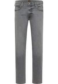 Grå denimjeans med en klassisk rak passform, framfickor och knäppning med knapp. Subtil textur med en slät yta.