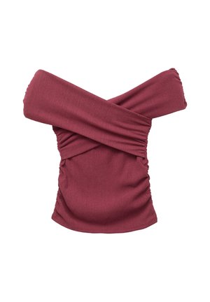 Top borgogna senza spalle e senza maniche con lati arricciati e un ampio scollo incrociato pieghettato.