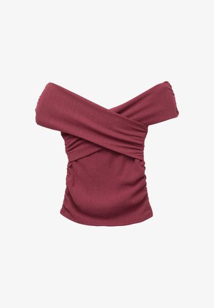 Top bordeaux sans manches, décolleté plongeant avec des côtés froncés et un large col croisé plié.