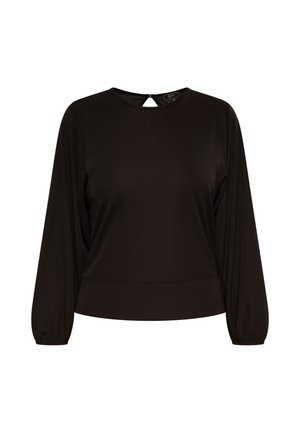 Juoda ilgomis rankovėmis palaidinė iš minkštos, glotnios medžiagos. Sukurta su apvalia iškirpte ir atviru užtrauktuku nugaroje, taip pat turi prigludusią juosmenį.