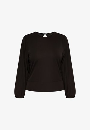 Černý dlouhý rukáv top v měkké a hladké tkanině. Má kulatý výstřih s otvorem na zádech a upnutý pas.