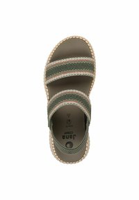 Green fabric sandal with three striped bands, featuring orange and white accents. Rubber sole with textured edge. Lightweight design.
