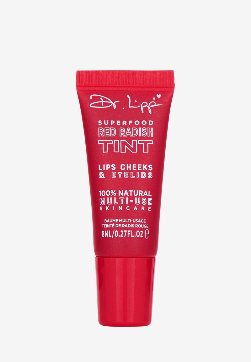 Red tube of Dr. Lipp Superfood Red Radish Tint, labeled for lips, cheeks, and eyelids. Contains 8ml of 100% natural, multi-use skincare.