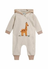 Combi-short beige en tissu doux, avec une broderie de girafe sur le devant et une capuche avec un doublure rayée.