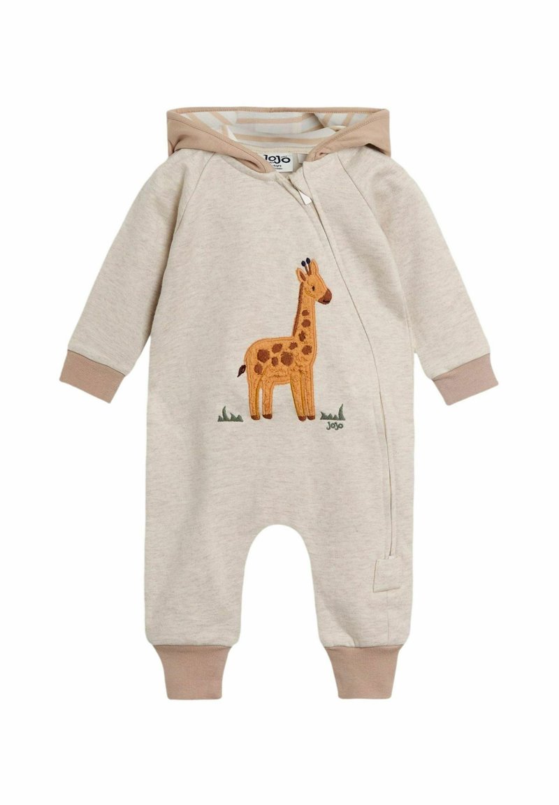 Combi-short beige en tissu doux, avec une broderie de girafe sur le devant et une capuche avec un doublure rayée.