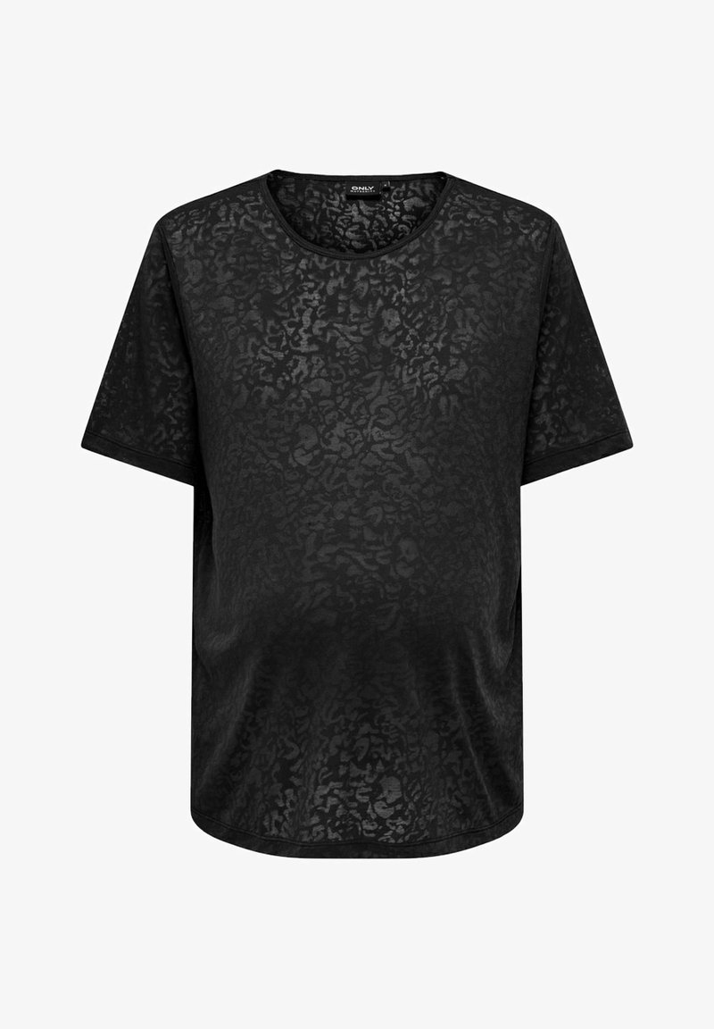Camiseta negra de manga corta con un patrón de leopardo texturizado. Escote redondo y corte holgado con un dobladillo recto. Fabricada con un tejido ligero.