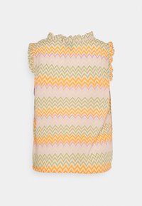 Top senza maniche in tessuto leggero con motivo a zigzag in arancio, lavanda, marrone chiaro e crema. Dettaglio arricciato sul collo.