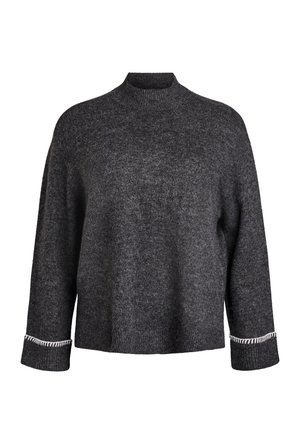 Temno siva pulover s visokim ovratnikom, ohlapnim krojem in dolgimi rokavi. Manšete imajo beli okrasni šiv. Mehka tekstura.