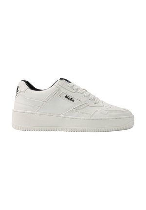 White sneakers with a smooth leather finish, round toe, thick rubber sole, perforated details, and side logo accent. Black inner lining.