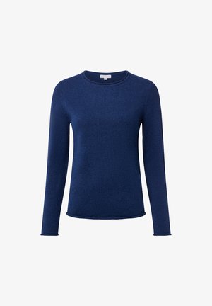 Granatowy sweter z długim rękawem, wykonany na drutach, z okrągłym dekoltem i lekko zawiniętymi krawędziami na mankietach oraz u dołu.