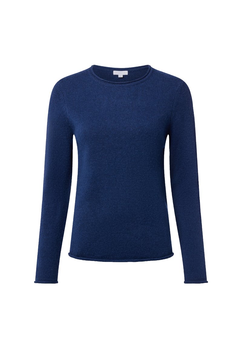 Pull en maille bleu marine à manches longues avec col rond et bords légèrement roulés aux manches et à l'ourlet.