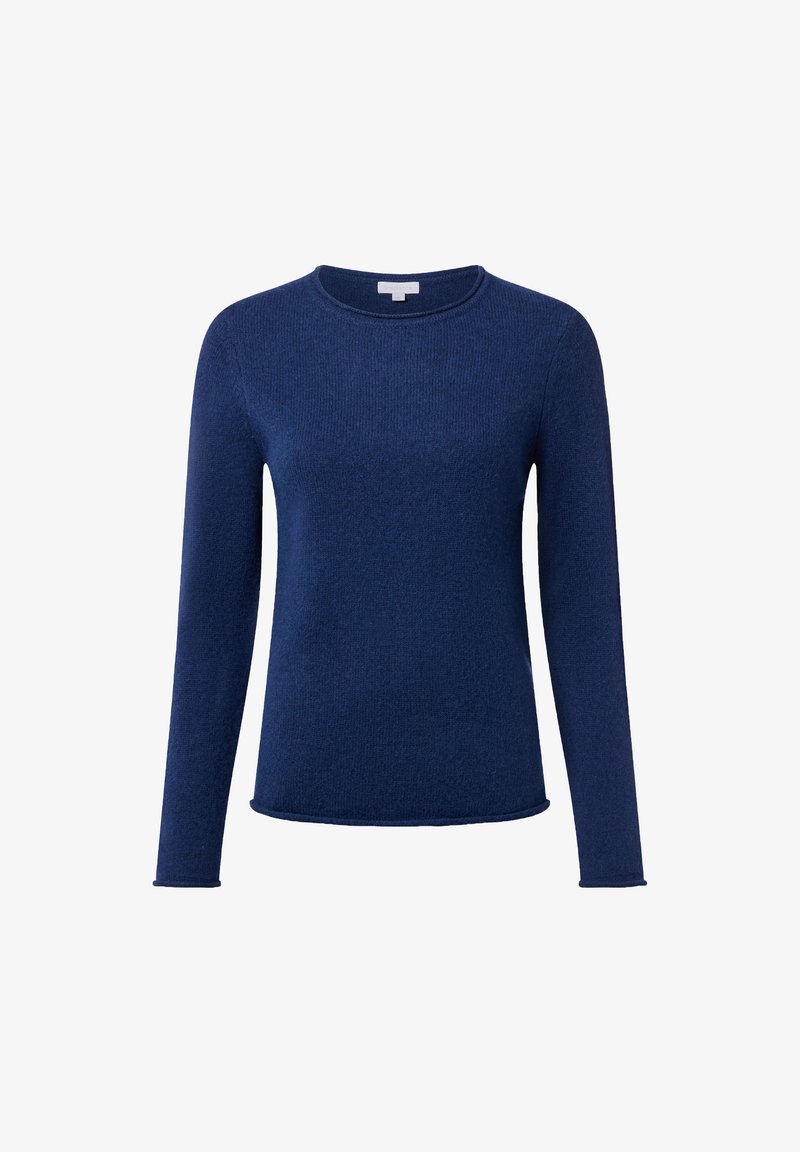 Pull en maille bleu marine à manches longues avec col rond et bords légèrement roulés aux manches et à l'ourlet.