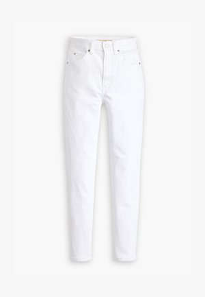 Biele denimové džínsy so svetlými nohavicami, piatimi vreckami, kovovými doplnkami a klasikou pásom. Hladká textúra s čistým povrchom.