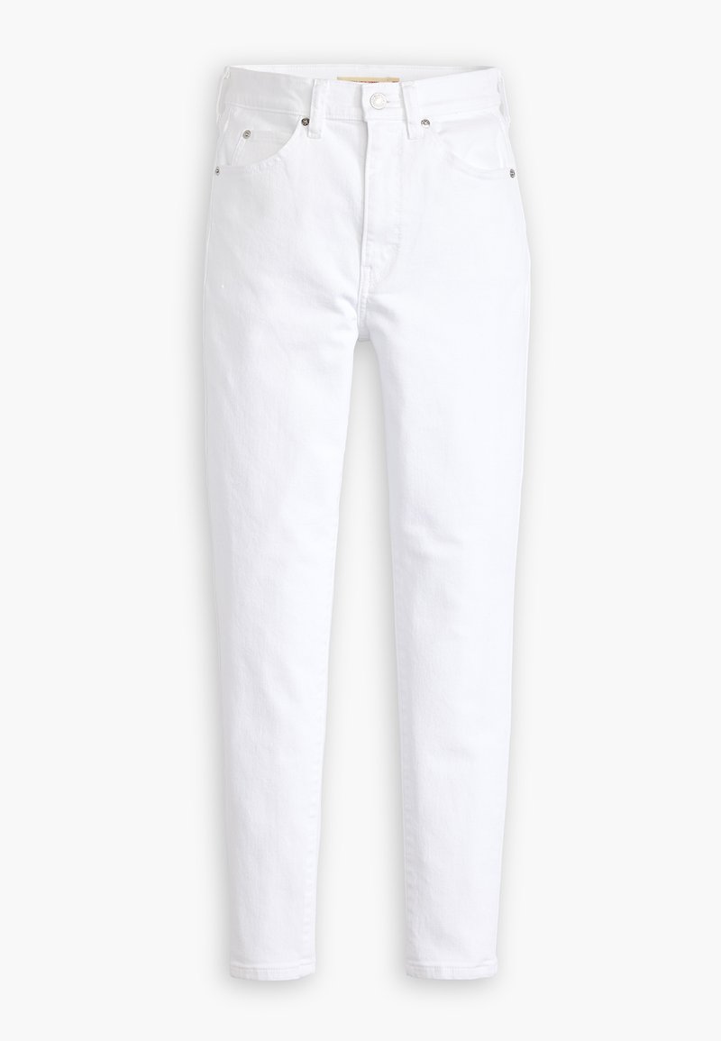 Jeans in denim bianco con design a gamba dritta, cinque tasche, hardware in metallo e vita classica. Texture liscia con una finitura pulita.